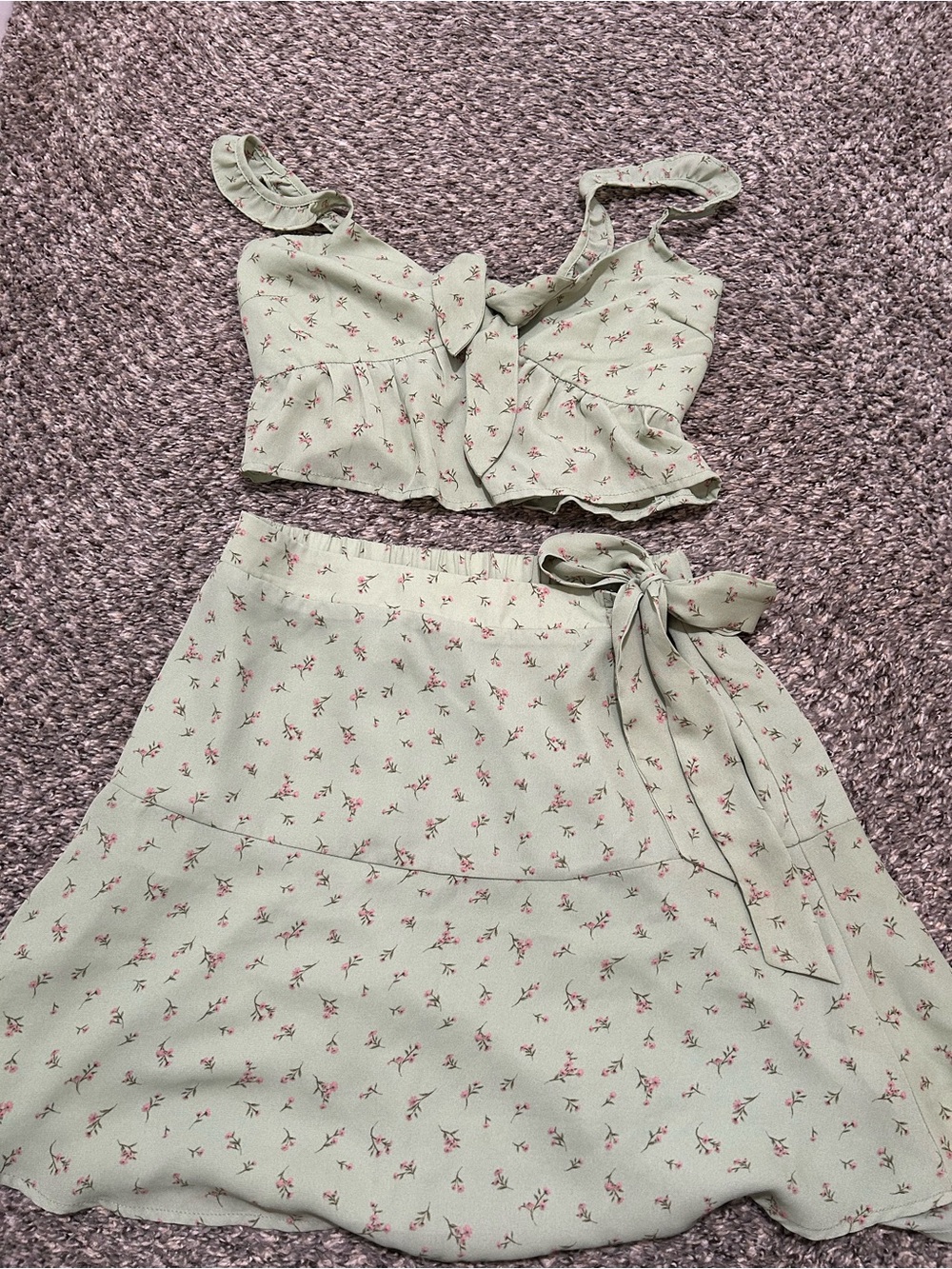 Paper Crane Mint Green Floral Two-Piece Mini Skirt Set